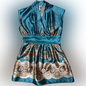 🔴Be Mine Women's Satin Turquoise Blouse Top Pleated Floral Cap Sleeves Small
